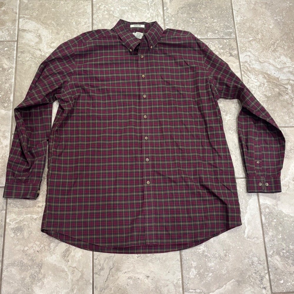 LL Bean Mens XXL Tall Wrinkle Free Plaid Button Down Shirt Burgundy Green 218574